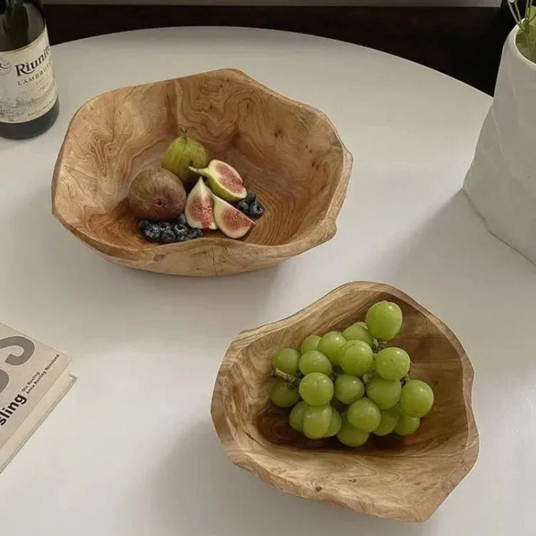 Rustic Carved Wood Fruit Bowl for Home Table Styling Decor