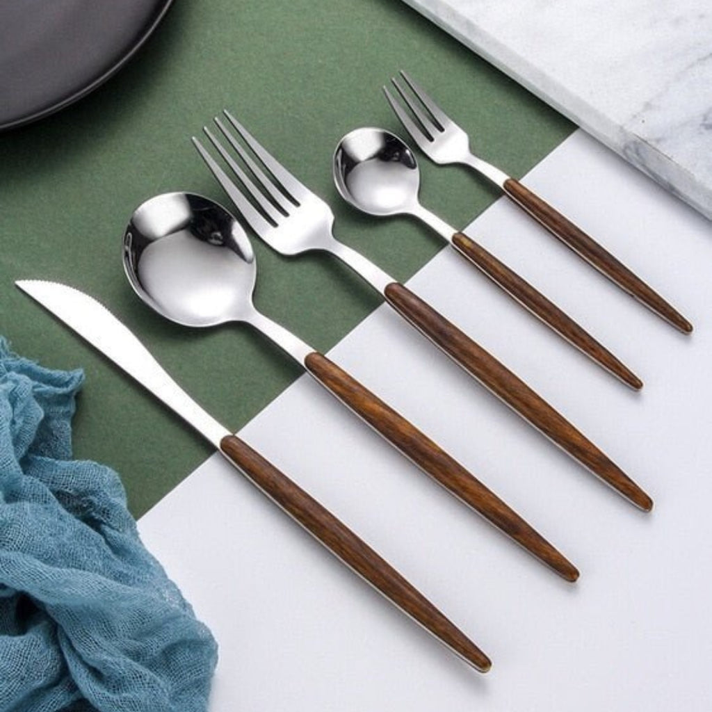 Wooden Handle Cutlery Set | Elegant Stainless Flatware Table Silver 6 Sets 30 Pieces