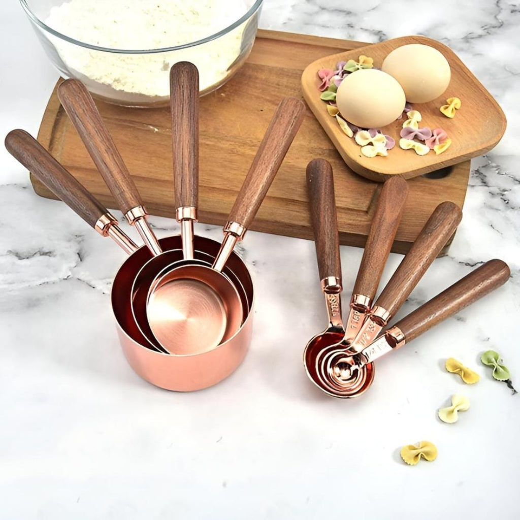 Premium Measuring Cups & Spoons | Steel Set with Wood Handle Cups & Spoons