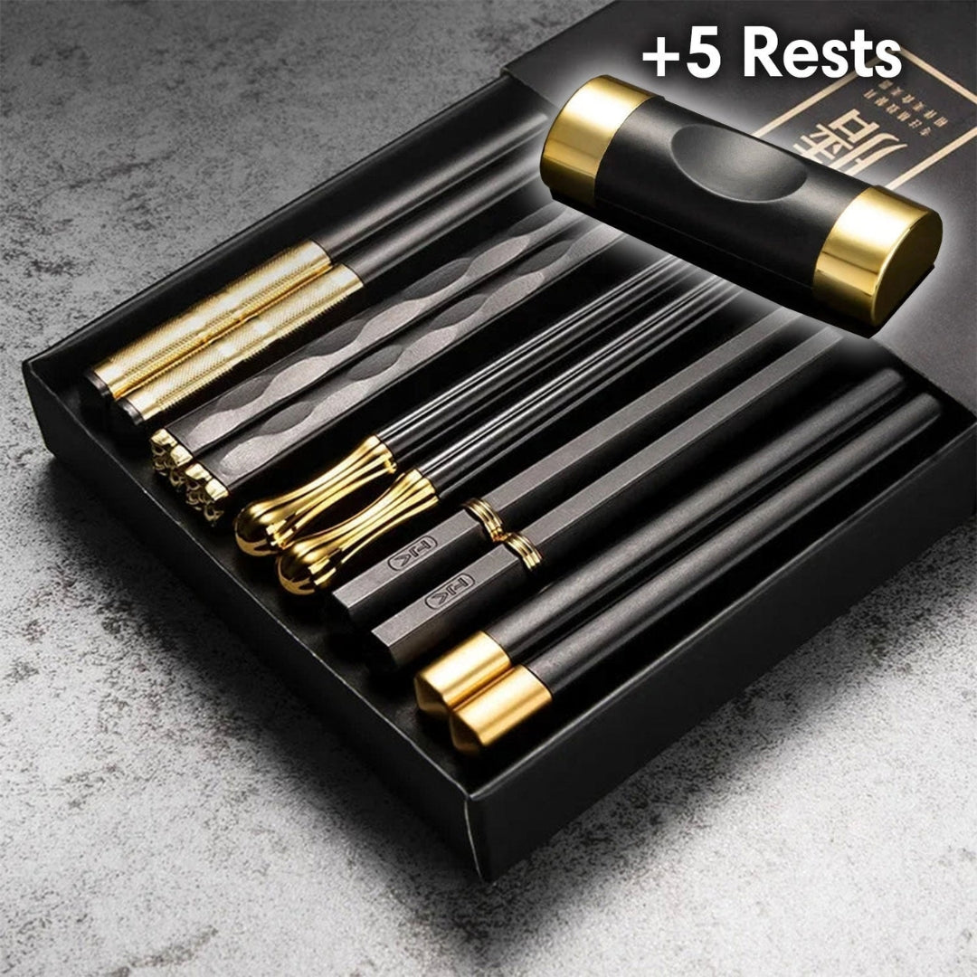 Luxe Metal Chopsticks Set of 5 | Modern Black Gold Design Yes