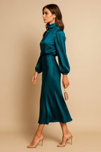 Women’s Elegant Dress with Long Sleeves and High Neck Blue