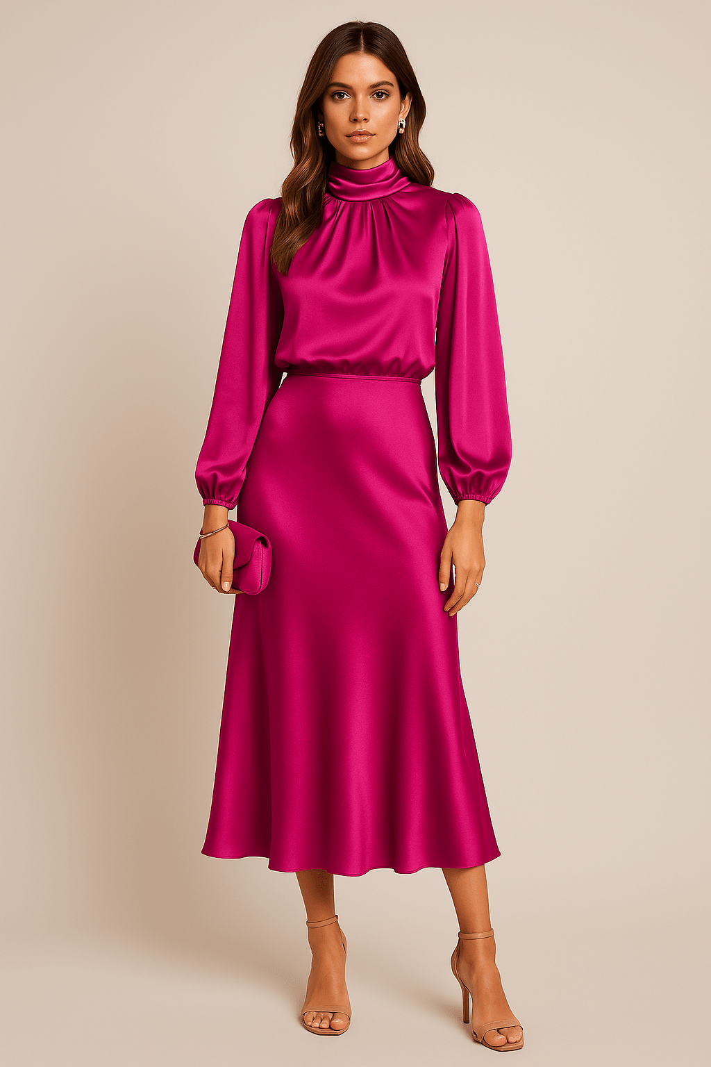 Women’s Elegant Dress with Long Sleeves and High Neck