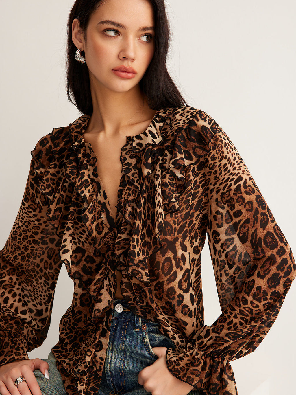 Women’s Lightweight Leopard Ruffle Neck Blouse for Summer Styling Dark Brown