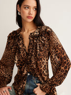 Women’s Lightweight Leopard Ruffle Neck Blouse for Summer Styling Dark Brown