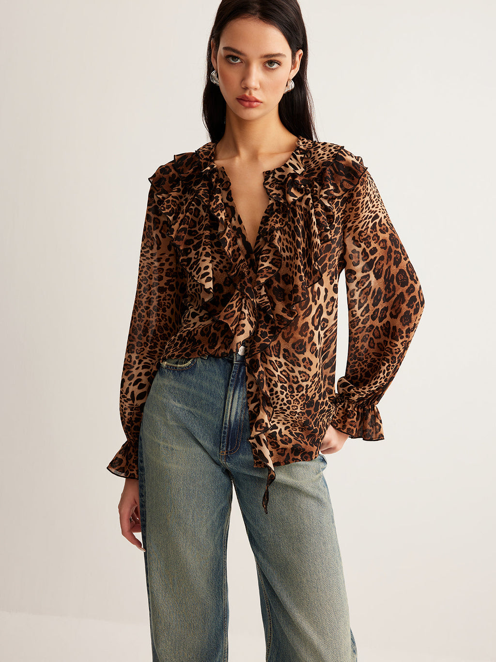 Women’s Lightweight Leopard Ruffle Neck Blouse for Summer Styling