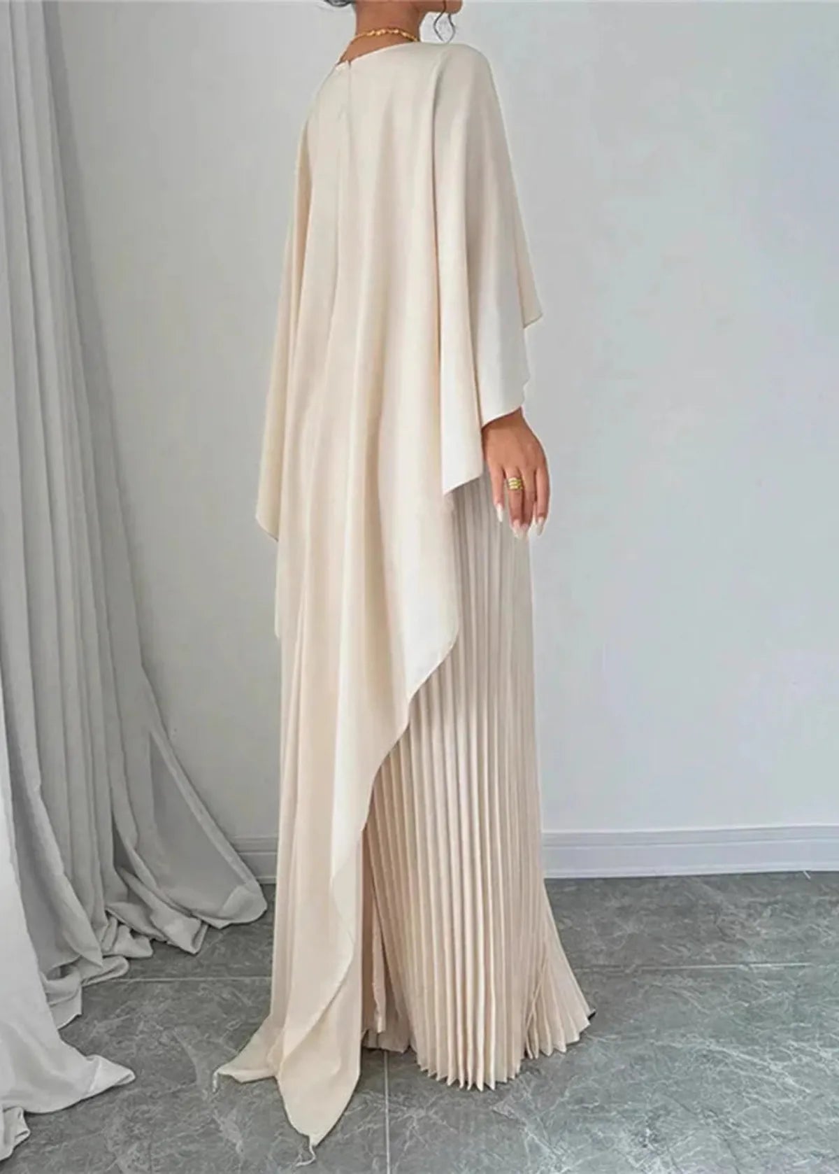 Women’s Elegant Pleated Cape Sleeve Maxi Dress