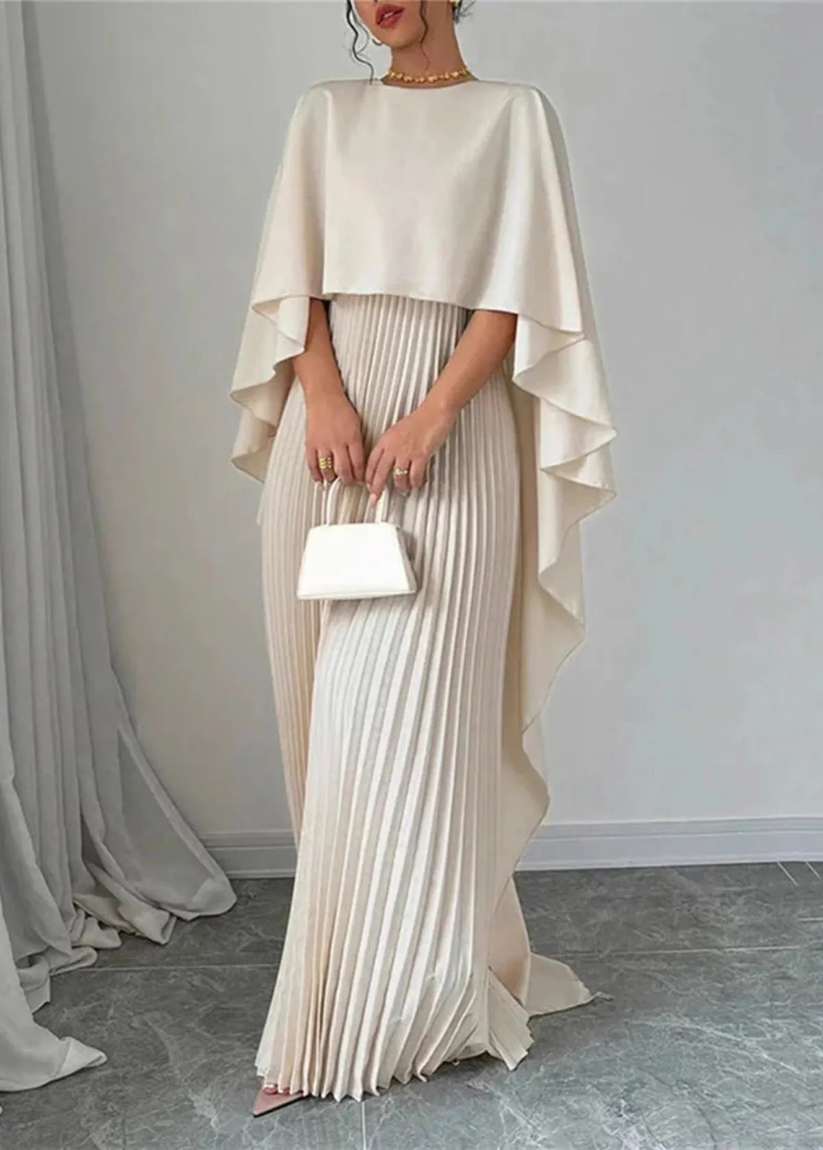 Women’s Elegant Pleated Cape Sleeve Maxi Dress
