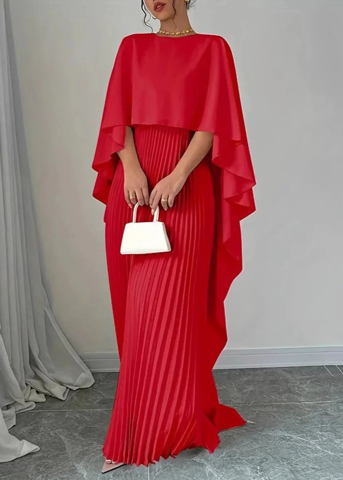 Women’s Elegant Pleated Cape Sleeve Maxi Dress Red