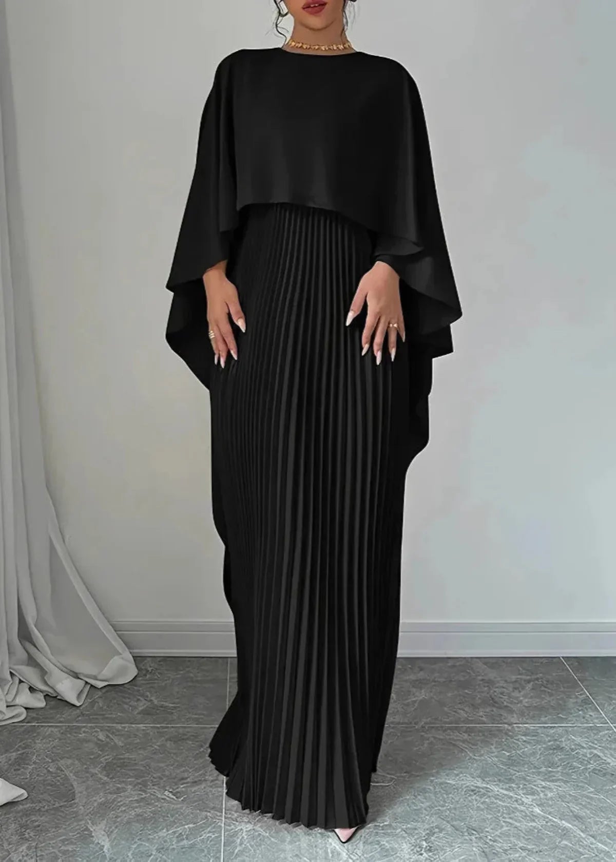 Women’s Elegant Pleated Cape Sleeve Maxi Dress Black