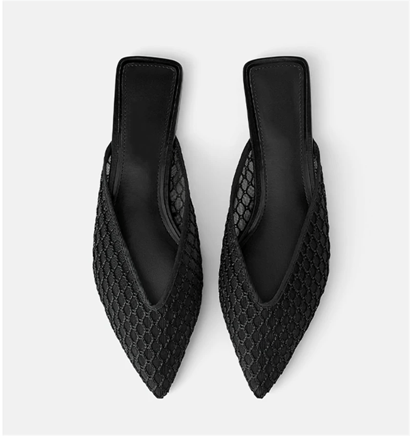 Women’s Elegant Flat Mules with Mesh Pattern Black