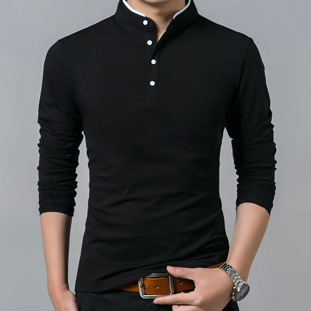Men’s Slim-Fit Long Sleeve Polo Shirt with Mandarin Collar Black