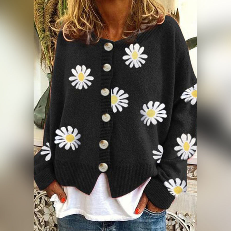 Women’s Floral Button-Down Cardigan with Long Sleeves Black