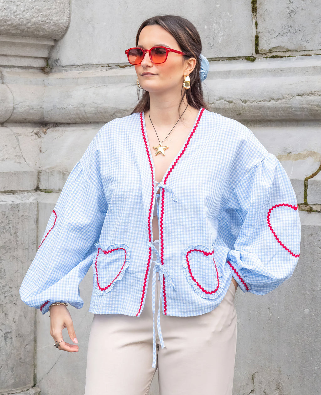 Women’s Romantic Heart Blouse with Ruffle Details Blue
