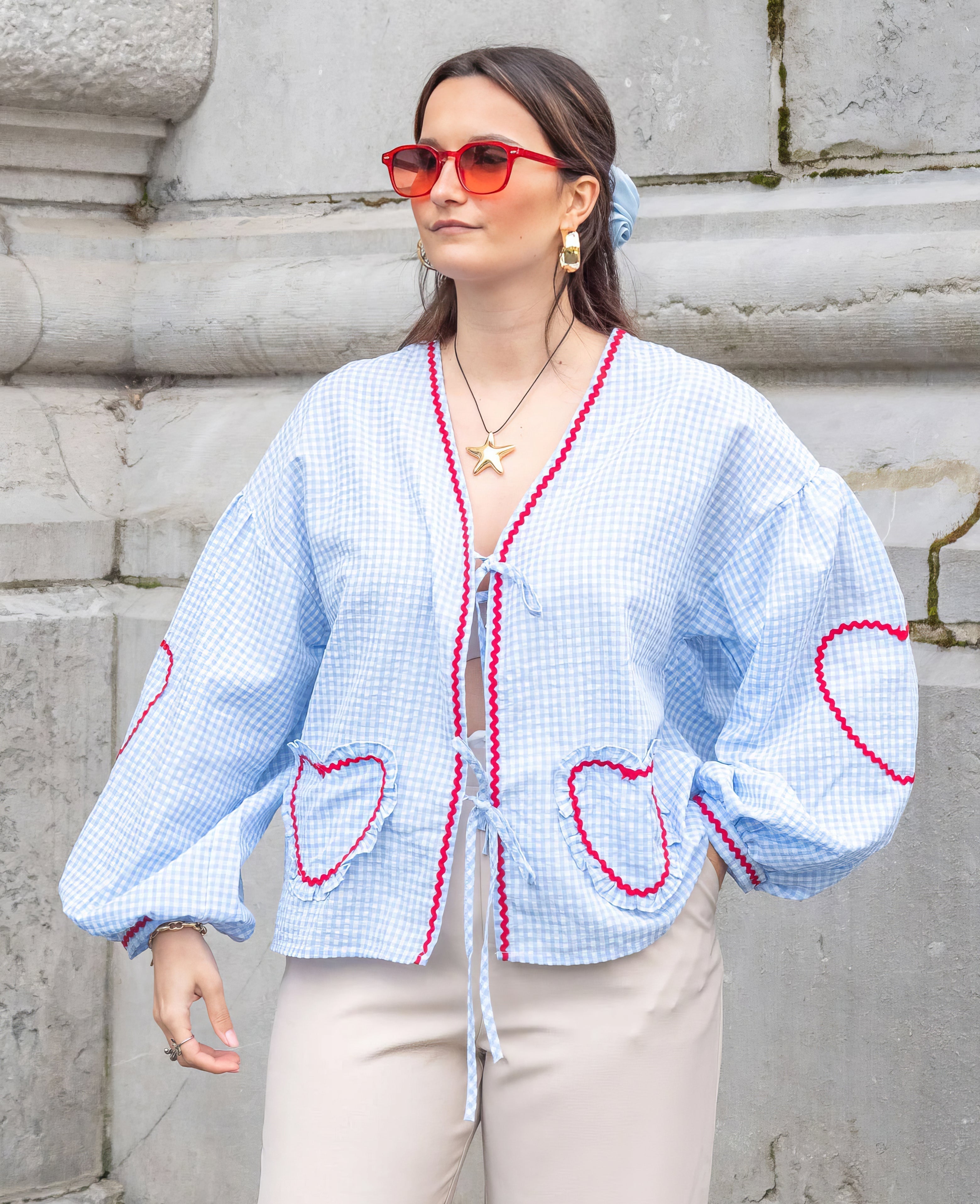 Women’s Romantic Heart Blouse with Ruffle Details Blue