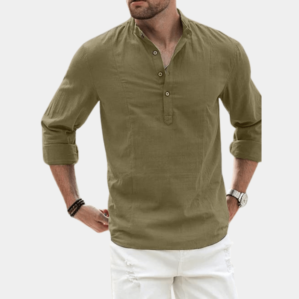 Men’s Long Sleeve Casual Shirt with Y-Neck and Roll-Up Sleeves Green