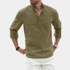 Men’s Long Sleeve Casual Shirt with Y-Neck and Roll-Up Sleeves Green