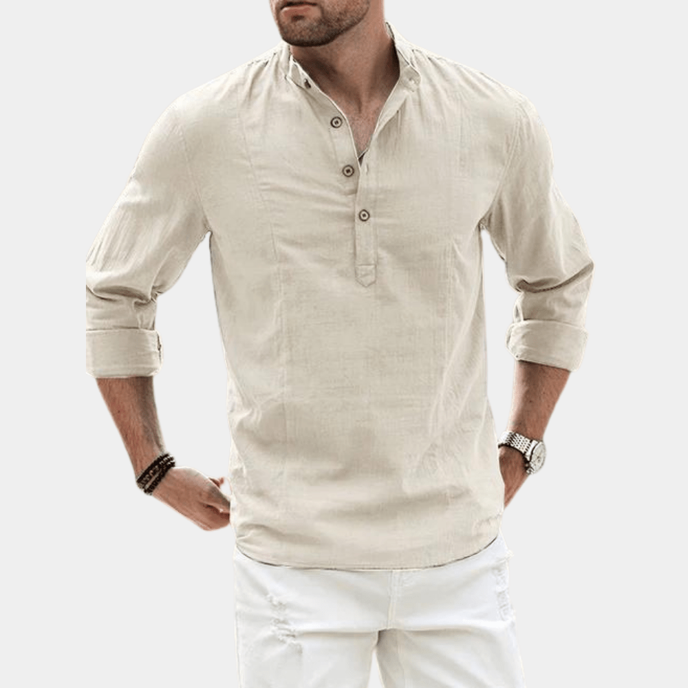 Men’s Long Sleeve Casual Shirt with Y-Neck and Roll-Up Sleeves Beige
