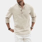 Men’s Long Sleeve Casual Shirt with Y-Neck and Roll-Up Sleeves Beige