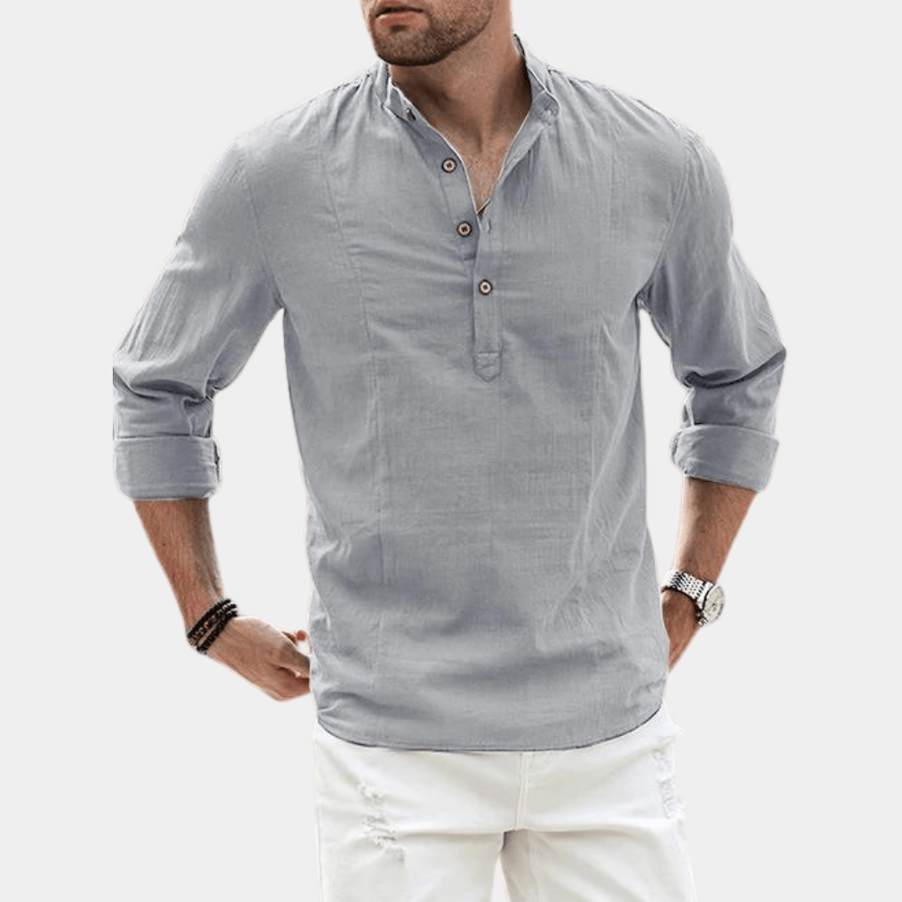 Men’s Long Sleeve Casual Shirt with Y-Neck and Roll-Up Sleeves Light Gray