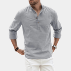Men’s Long Sleeve Casual Shirt with Y-Neck and Roll-Up Sleeves Light Gray