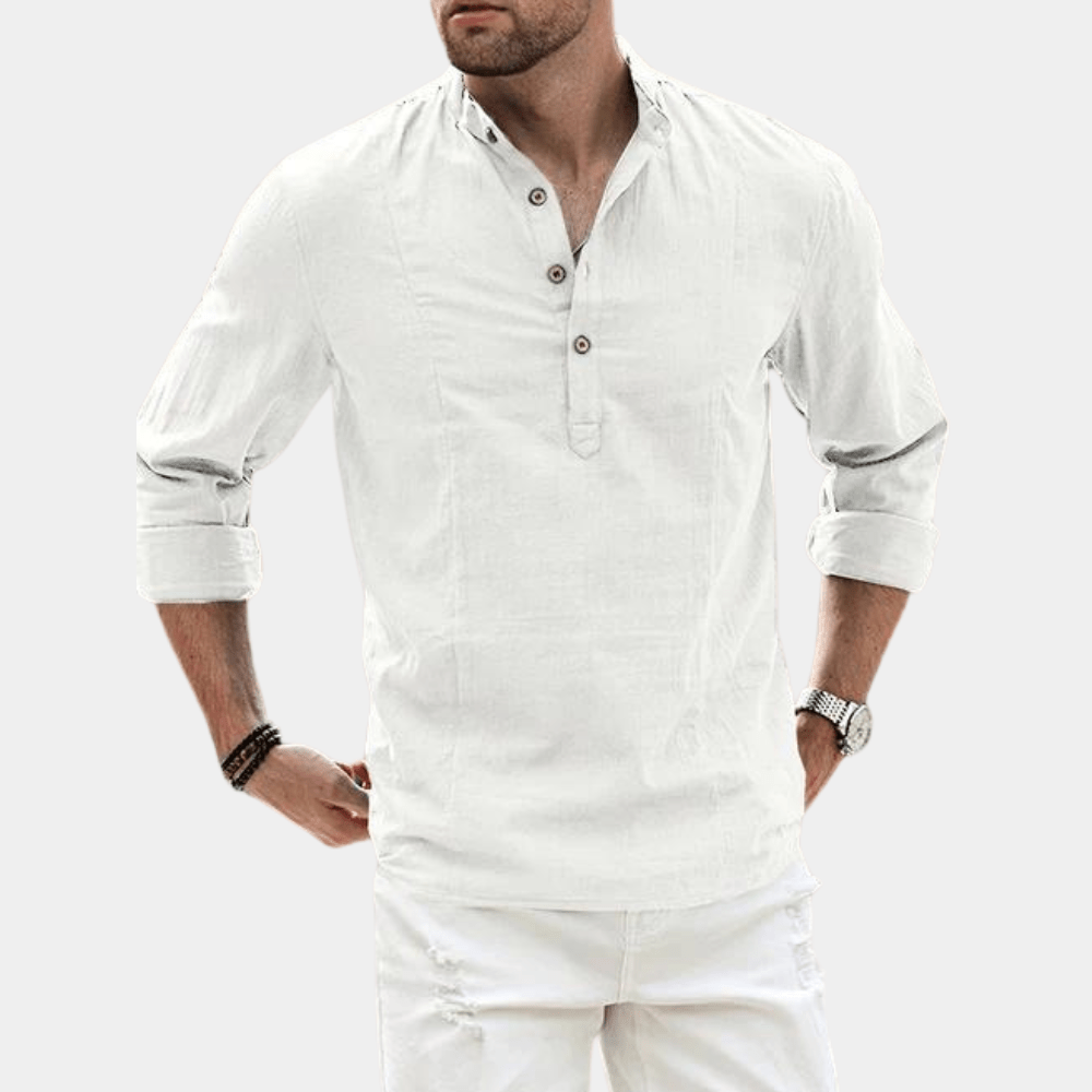 Men’s Long Sleeve Casual Shirt with Y-Neck and Roll-Up Sleeves White