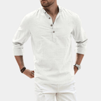 Men’s Long Sleeve Casual Shirt with Y-Neck and Roll-Up Sleeves White