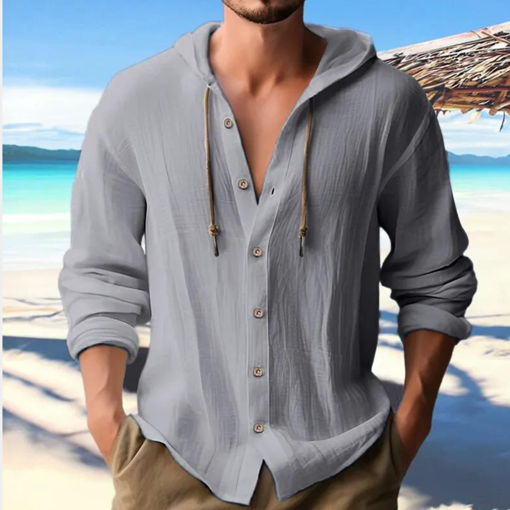 Men’s Hooded Long Sleeve Shirt with Button-Down Closure Gray