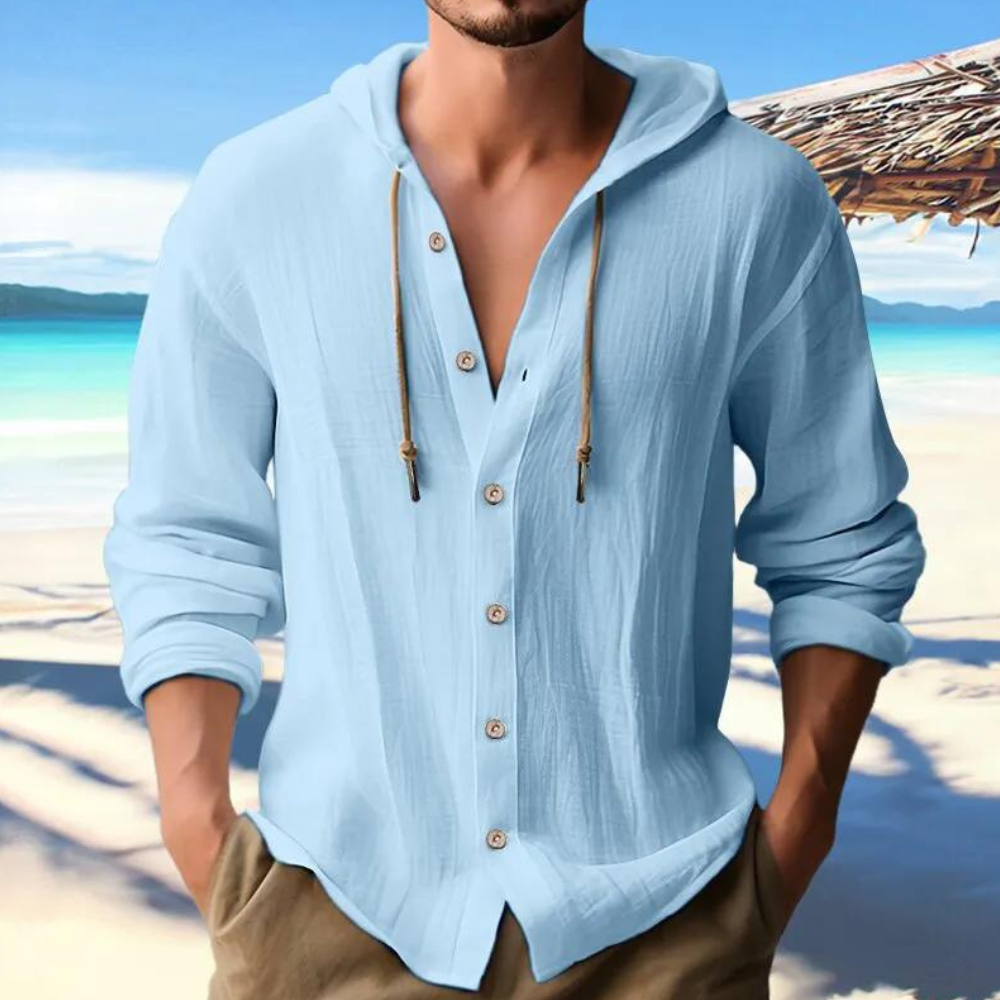 Men’s Hooded Long Sleeve Shirt with Button-Down Closure Light Blue