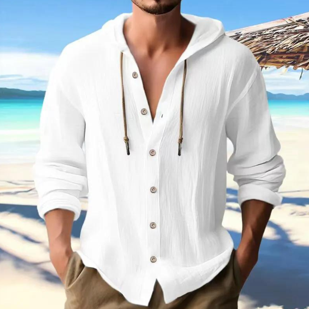 Men’s Hooded Long Sleeve Shirt with Button-Down Closure White