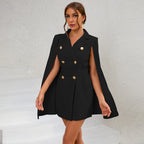 Women’s Cape Blazer Mini Dress with Gold Buttons Black