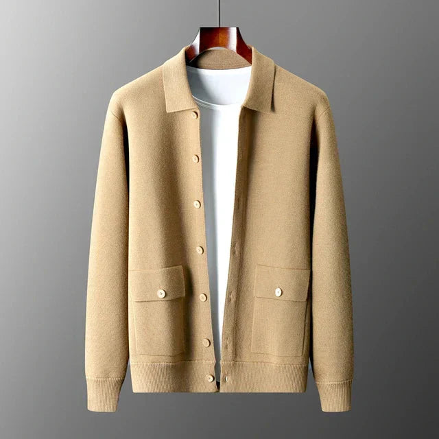 Men’s Classic Button-Down Sweater Cardigan with Pockets Camel