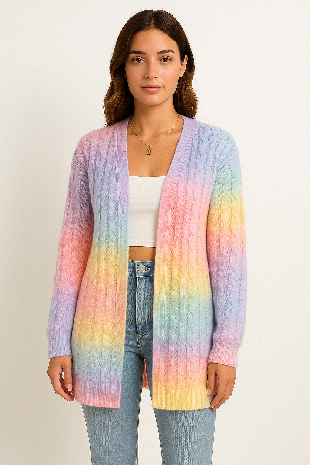 Women’s Long Cable Knit Cardigan Sweater with Open Front Light Purple