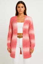 Women’s Long Cable Knit Cardigan Sweater with Open Front Pink