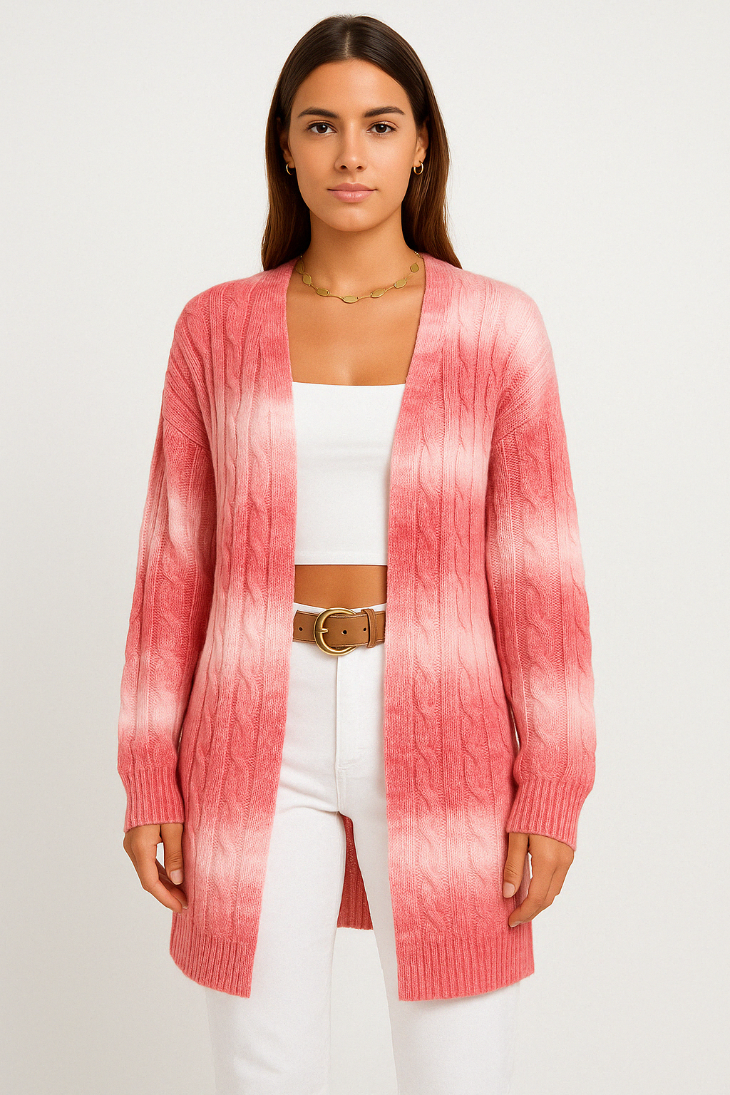 Women’s Long Cable Knit Cardigan Sweater with Open Front Pink