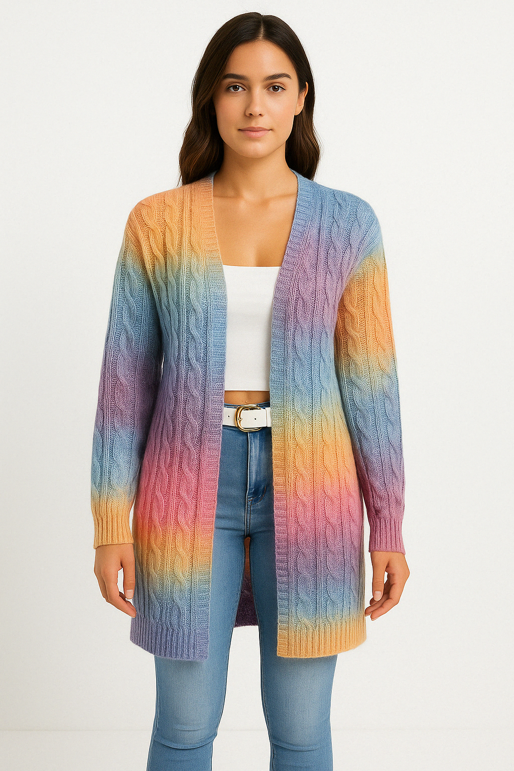 Women’s Long Cable Knit Cardigan Sweater with Open Front Blue