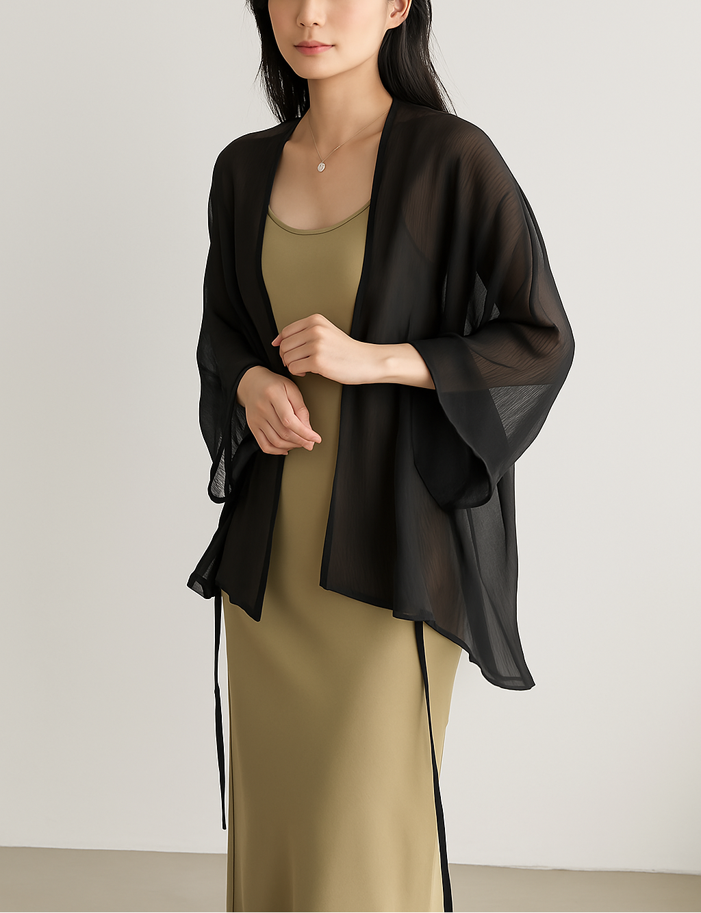 Women’s Lightweight Open Front Kimono Cardigan with Bell Sleeves Black