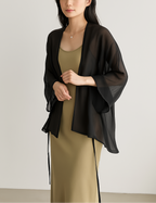 Women’s Lightweight Open Front Kimono Cardigan with Bell Sleeves Black