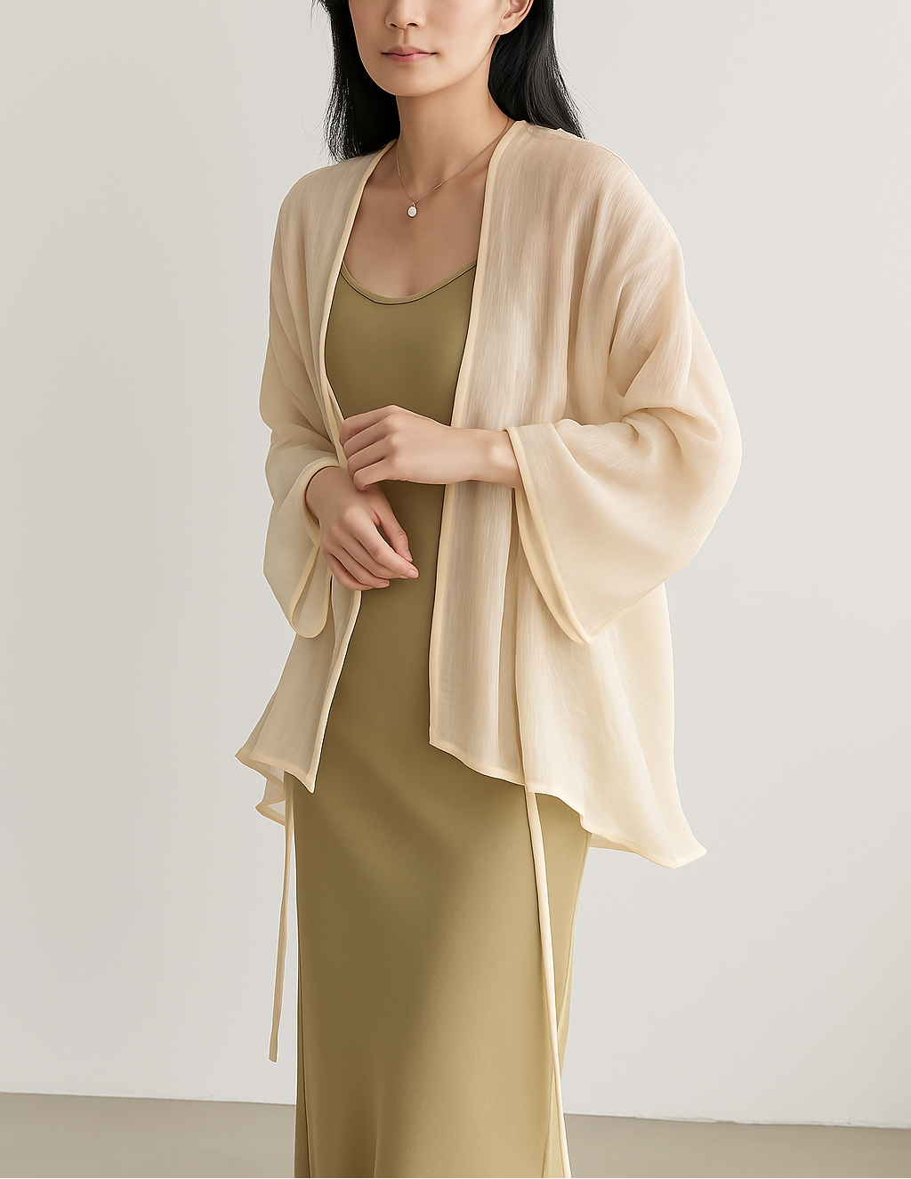 Women’s Lightweight Open Front Kimono Cardigan with Bell Sleeves Apricot