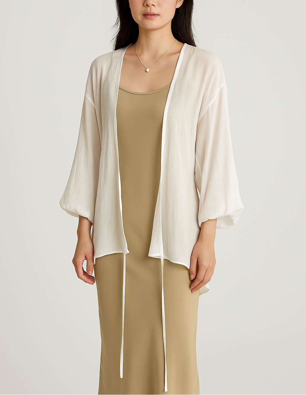Women’s Lightweight Open Front Kimono Cardigan with Bell Sleeves White