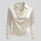 Women’s Elegant Blouse with Waterfall Neckline and Long Sleeves White