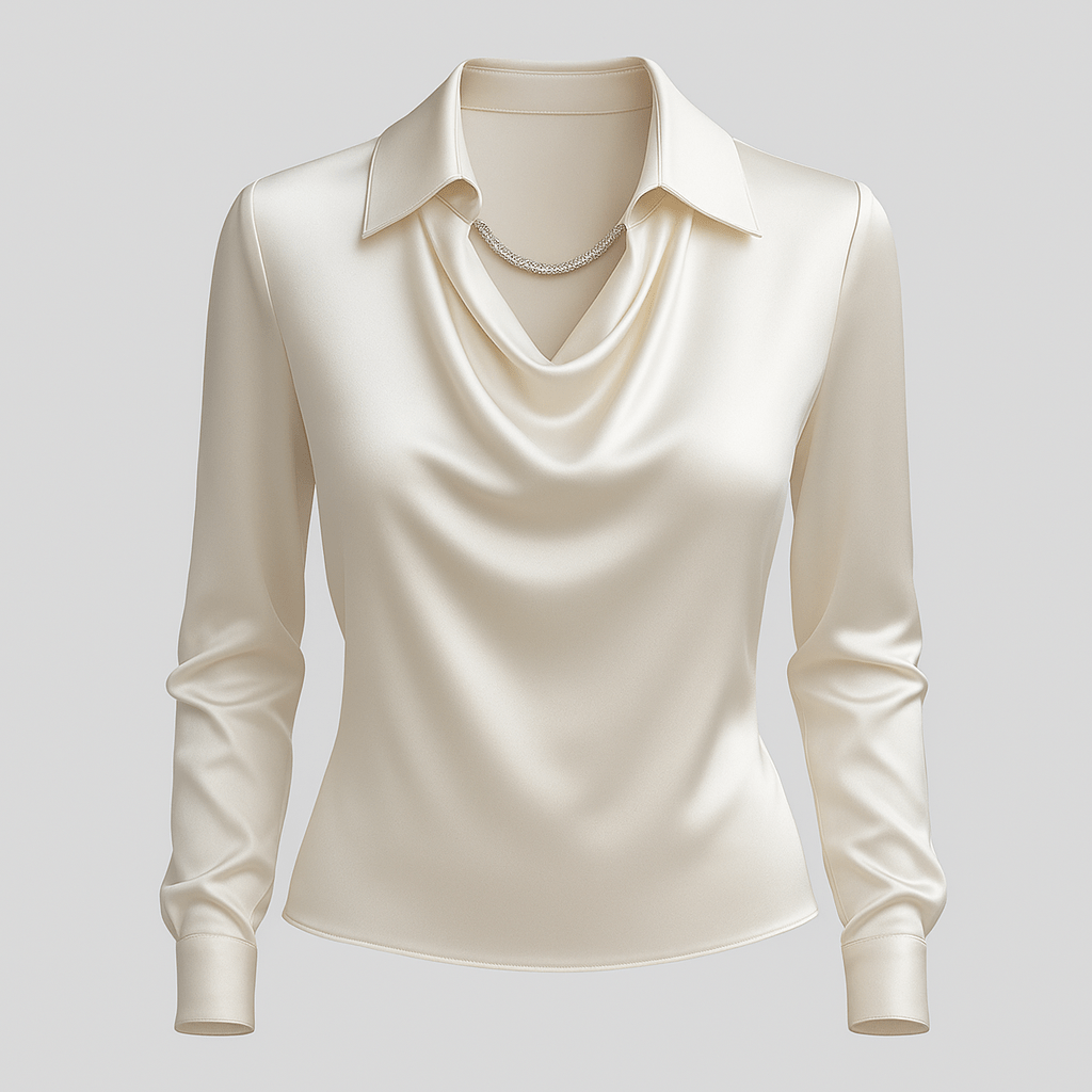 Women’s Elegant Blouse with Waterfall Neckline and Long Sleeves White