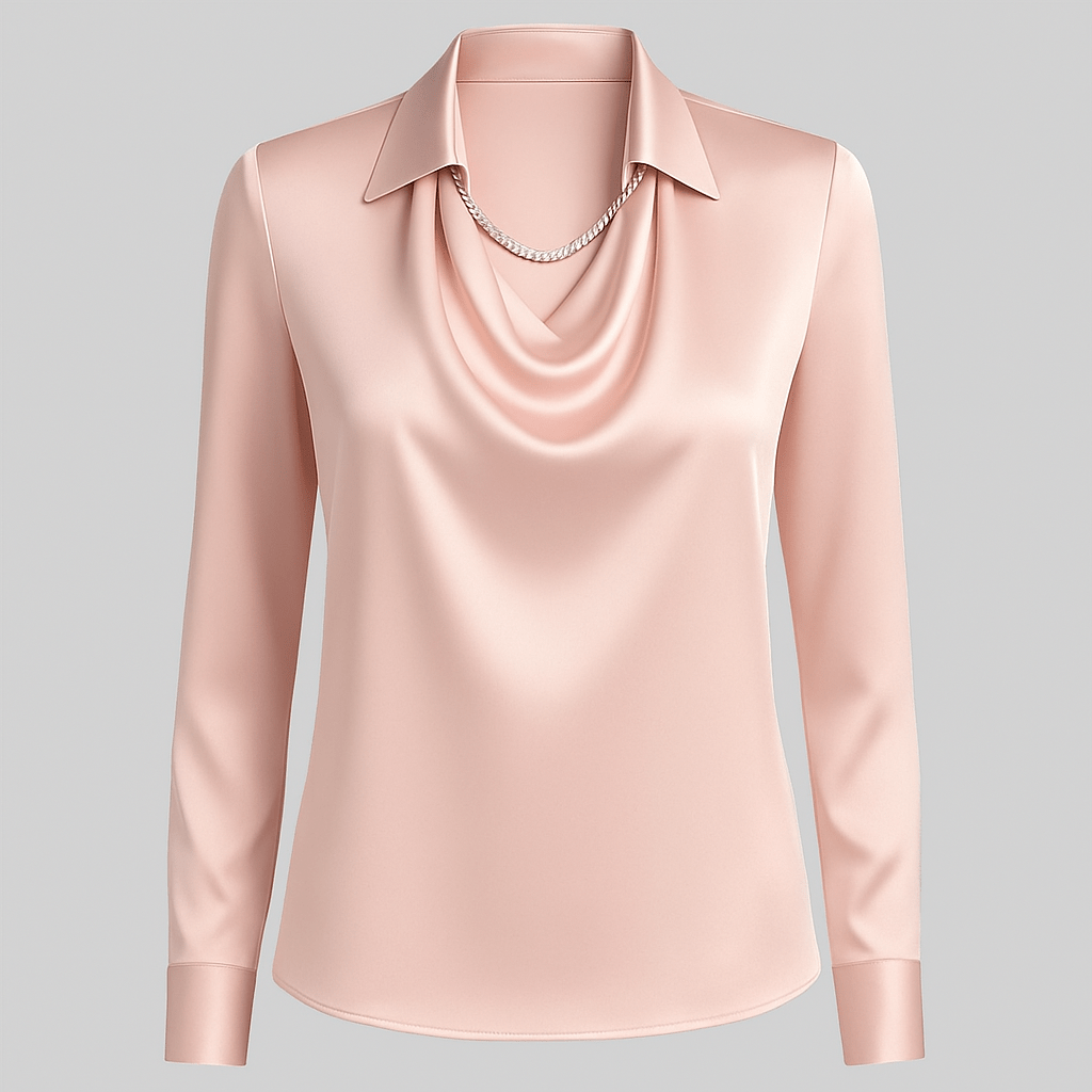 Women’s Elegant Blouse with Waterfall Neckline and Long Sleeves Pink