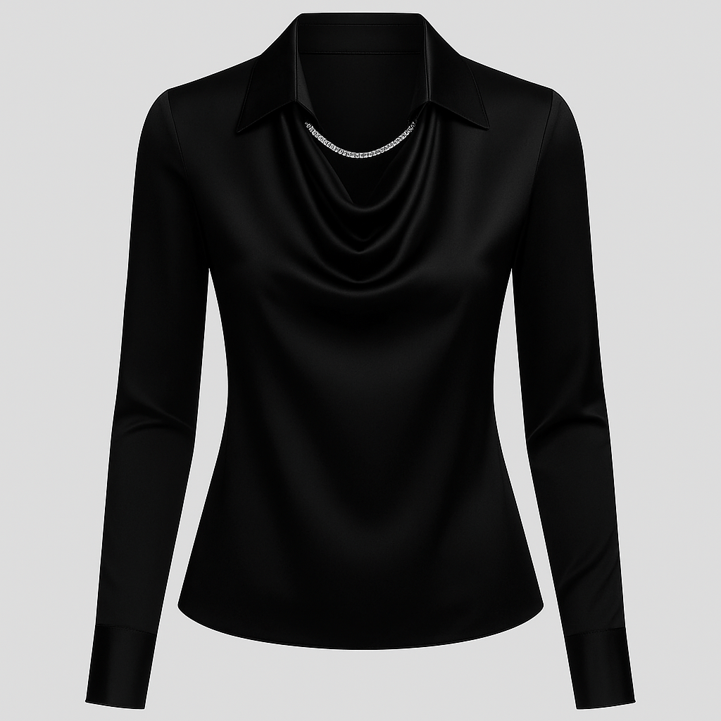 Women’s Elegant Blouse with Waterfall Neckline and Long Sleeves Black