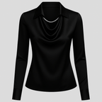 Women’s Elegant Blouse with Waterfall Neckline and Long Sleeves Black