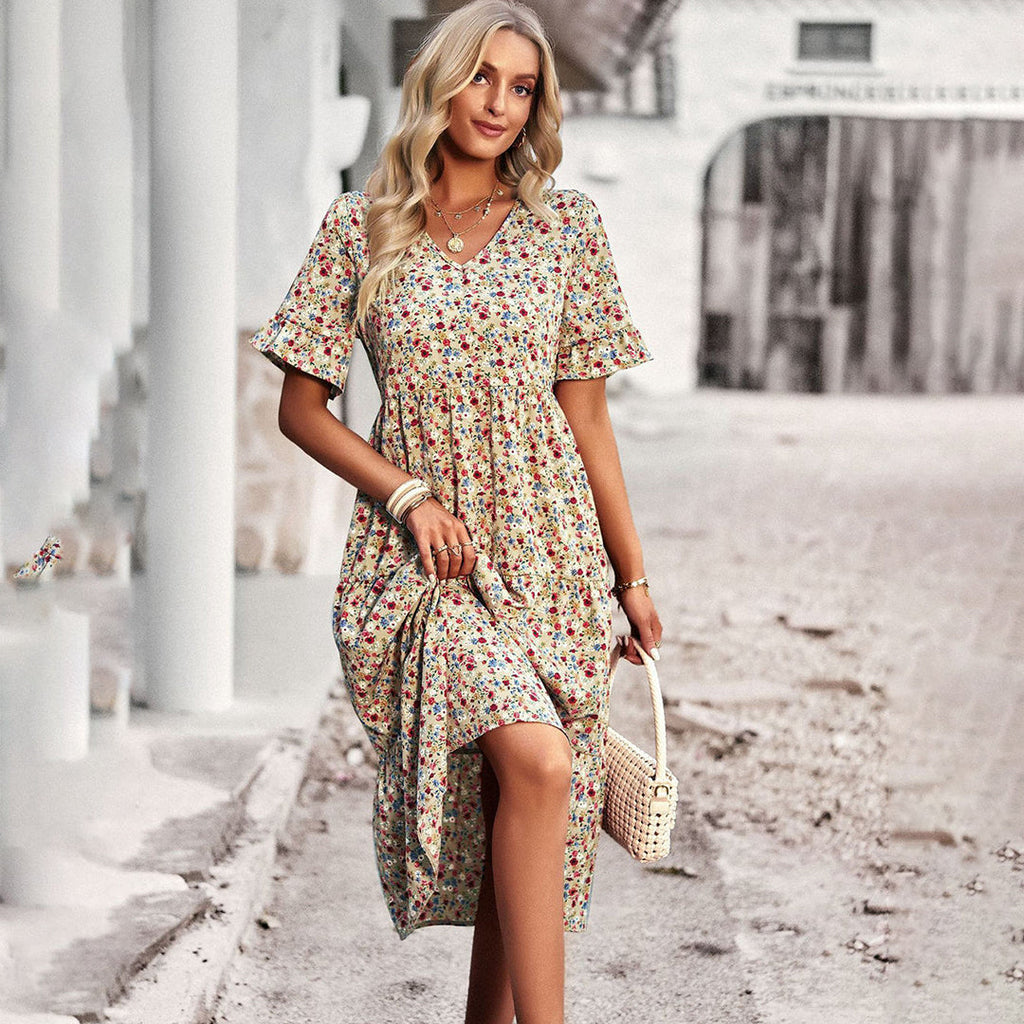 Women’s Chic Floral Midi Dress – Effortless Summer Style Apricot
