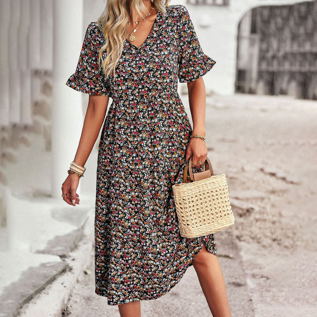 Women’s Chic Floral Midi Dress – Effortless Summer Style Black