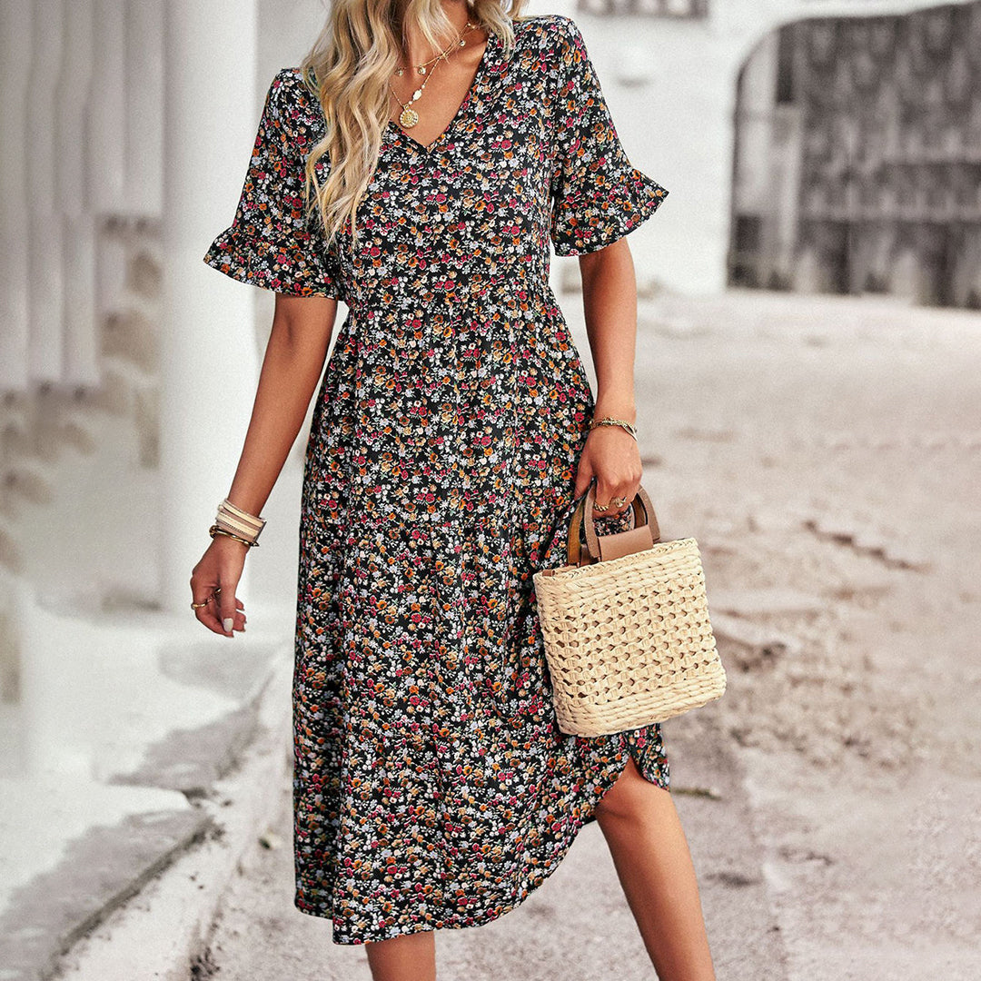 Women’s Chic Floral Midi Dress – Effortless Summer Style Black