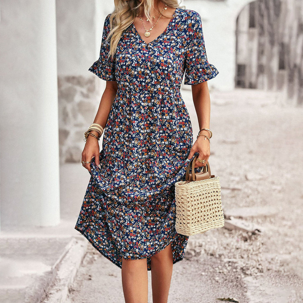 Women’s Chic Floral Midi Dress – Effortless Summer Style Blue