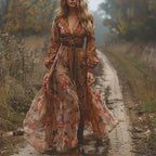 Women’s Summer Boho Ruffled Maxi Dress – Flowy Boho Dress Brown