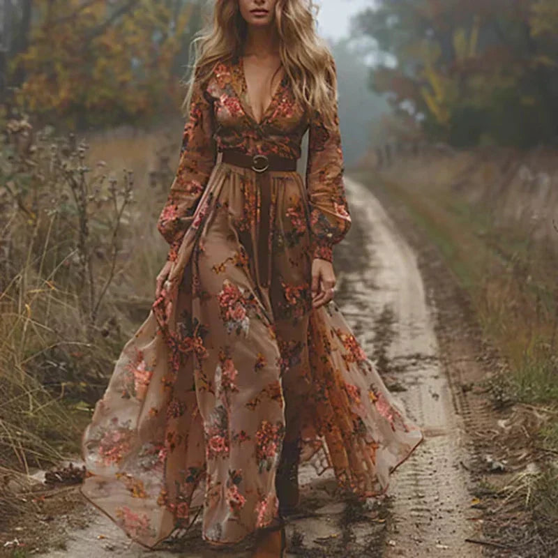Women’s Summer Boho Ruffled Maxi Dress – Flowy Boho Dress Brown